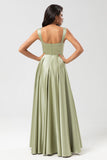 Satin A Line Robe de demoiselle d’honneur verte avec poches