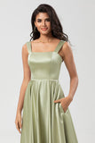 Satin A Line Robe de demoiselle d’honneur verte avec poches