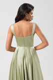 Satin A Line Robe de demoiselle d’honneur verte avec poches