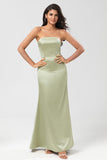 Robe de demoiselle d’honneur verte gaine de Satin sans bretelles