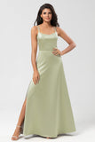 Robe de demoiselle d’honneur vert satin avec dos à lacets