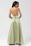 Robe de demoiselle d’honneur vert satin avec dos à lacets