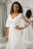 Ivoire Batwing manches dentelle balayage Train robe de mariée