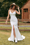 Robe de mariée simple sirène bouton Ivoire avec fente