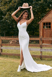 Robe de mariée simple sirène bouton Ivoire avec fente