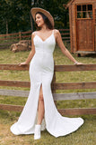 Robe de mariée simple sirène bouton Ivoire avec fente