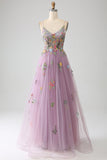 Robe de bal longue en tulle à bretelles spaghetti mauve A-ligne avec broderie