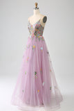 Robe de bal longue en tulle à bretelles spaghetti mauve A-ligne avec broderie