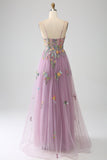 Robe de bal longue en tulle à bretelles spaghetti mauve A-ligne avec broderie