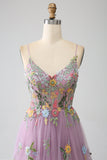 Robe de bal longue en tulle à bretelles spaghetti mauve A-ligne avec broderie