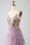 Robe de bal longue en tulle à bretelles spaghetti mauve A-ligne avec broderie