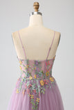 Robe de bal longue en tulle à bretelles spaghetti mauve A-ligne avec broderie