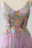 Robe de bal longue en tulle à bretelles spaghetti mauve A-ligne avec broderie