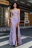 Élégante sirène bretelles spaghetti lilas longue robe de bal avec fente