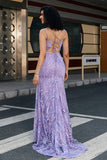 Élégante sirène bretelles spaghetti lilas longue robe de bal avec fente