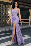 Élégante sirène bretelles spaghetti lilas longue robe de bal avec fente