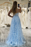 Sky Blue A Line Long Corset Prom Dress With Appliques
