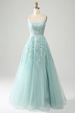 Glitter Menthe A-Line Tulle Robe de bal longue avec dentelle
