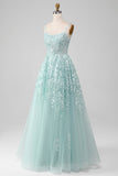 Glitter Menthe A-Line Tulle Robe de bal longue avec dentelle