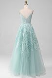 Glitter Menthe A-Line Tulle Robe de bal longue avec dentelle