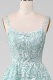 Glitter Menthe A-Line Tulle Robe de bal longue avec dentelle