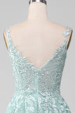 Glitter Menthe A-Line Tulle Robe de bal longue avec dentelle