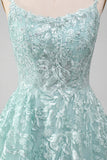 Glitter Menthe A-Line Tulle Robe de bal longue avec dentelle
