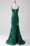 Robe de bal longue longue à bretelles spaghetti sirène vert foncé avec appliques