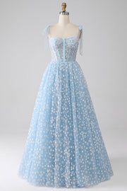 Robe de bal corset bleu ciel à bretelles spaghetti A-ligne