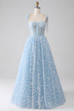 Robe de bal corset bleu ciel à bretelles spaghetti A-ligne