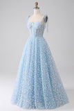 Robe de bal corset bleu ciel à bretelles spaghetti A-ligne