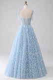 Robe de bal corset bleu ciel à bretelles spaghetti A-ligne