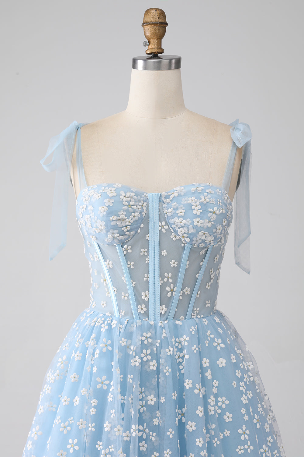 Robe de bal corset bleu ciel à bretelles spaghetti A-ligne