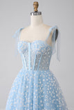 Robe de bal corset bleu ciel à bretelles spaghetti A-ligne