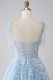 Robe de bal corset bleu ciel à bretelles spaghetti A-ligne