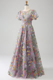 Robe de bal mauve / robe de bal brodée princesse à manches courtes