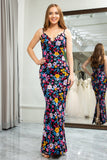 Black Flower Appliques Mermaid Long Prom Dress With Slit