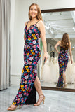 Black Flower Appliques Mermaid Long Prom Dress With Slit