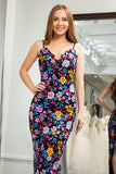 Black Flower Appliques Mermaid Long Prom Dress With Slit