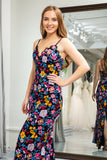 Black Flower Appliques Mermaid Long Prom Dress With Slit