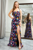Black Flower Appliqued Spaghetti Straps Long Prom Dress With Slit