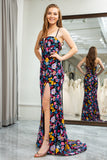 Black Flower Appliqued Spaghetti Straps Long Prom Dress With Slit