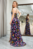 Black Flower Appliqued Spaghetti Straps Long Prom Dress With Slit
