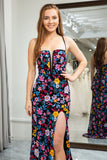 Black Flower Appliqued Spaghetti Straps Long Prom Dress With Slit