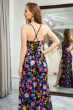 Black Flower Appliqued Spaghetti Straps Long Prom Dress With Slit