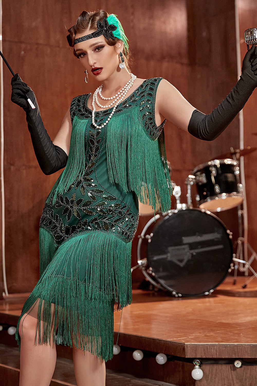 Paillettes frangées vert foncé scintillant des années 1920 Gatsby robe