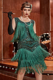 Robe vert foncé Gatsby des années 1920 avec paillettes et franges