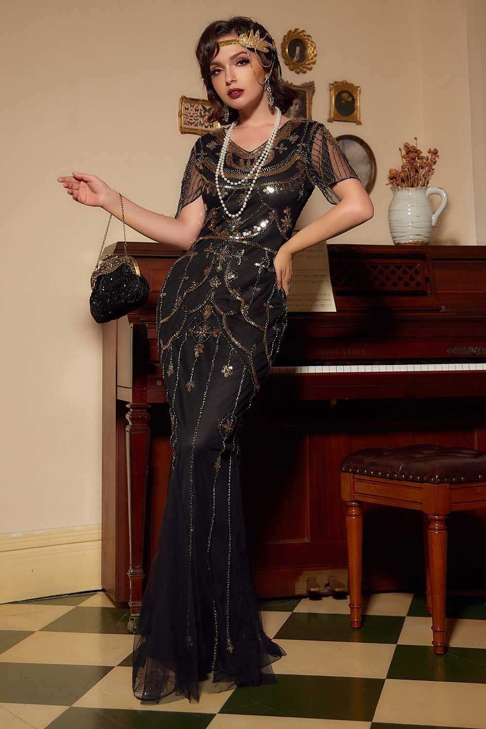 Queendancer Femmes Gatsby Robe Paillettes Vert Fonce Longue Robe des annees 1920 a manches courtes queendancerfr