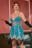 Lake Blue Sequin Short Gatsby Robe des années 1920 avec franges