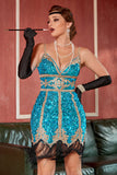 Lake Blue Sequin Short Gatsby Robe des années 1920 avec franges